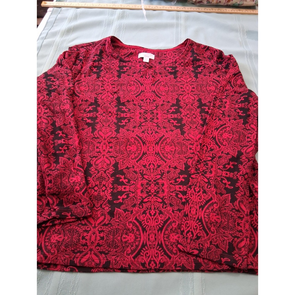 Charter Club Luxury Pima Cotton Red Black Damask Paisley Long Sleeve Top XL
